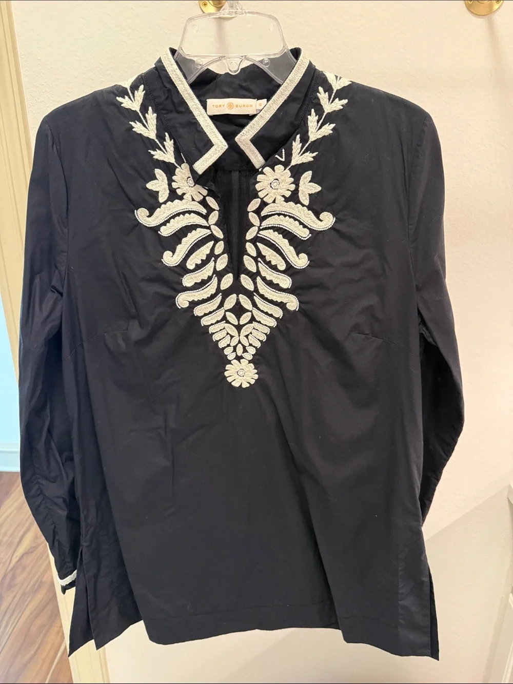 Tory Burch Navy Tunic with White Embroidered V-Front